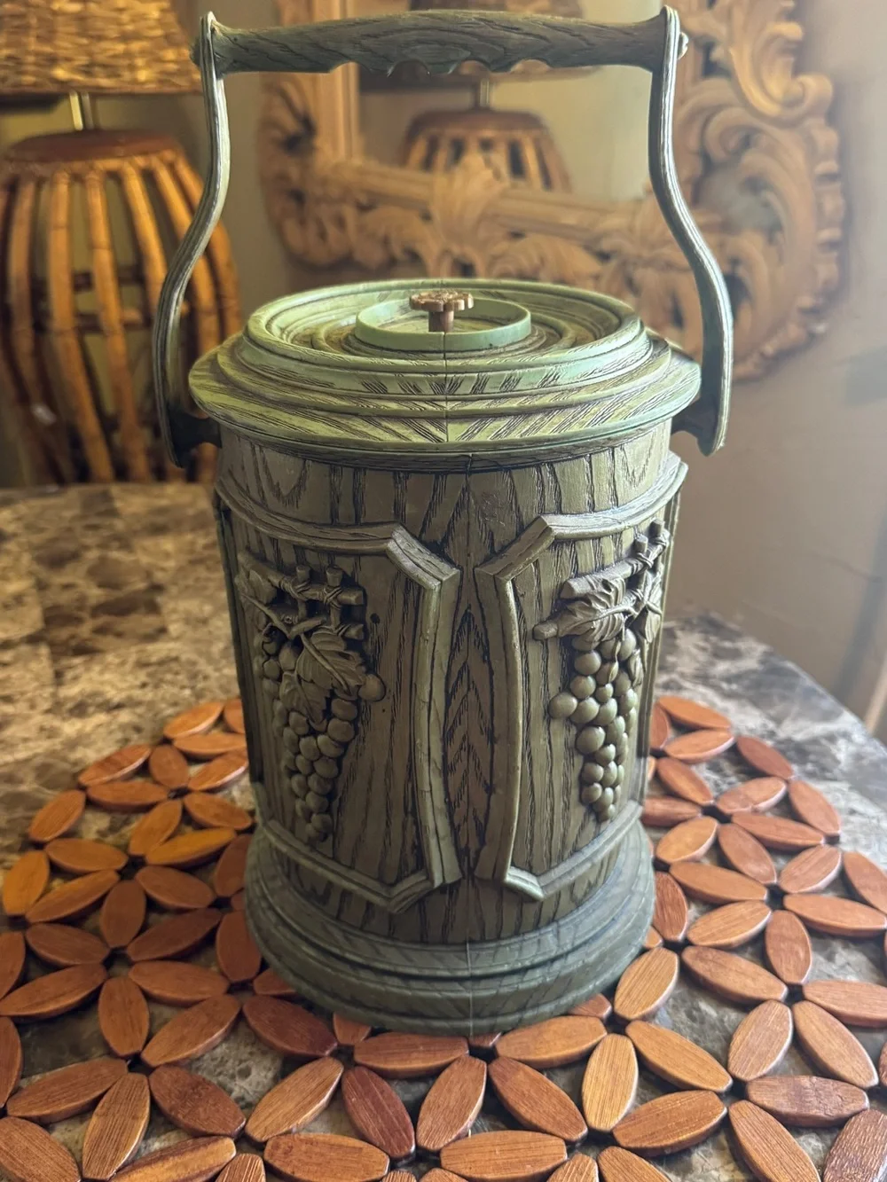 Vintage MCM Grape Ice Bucket – Avocado Green Faux Woodgrain Barware